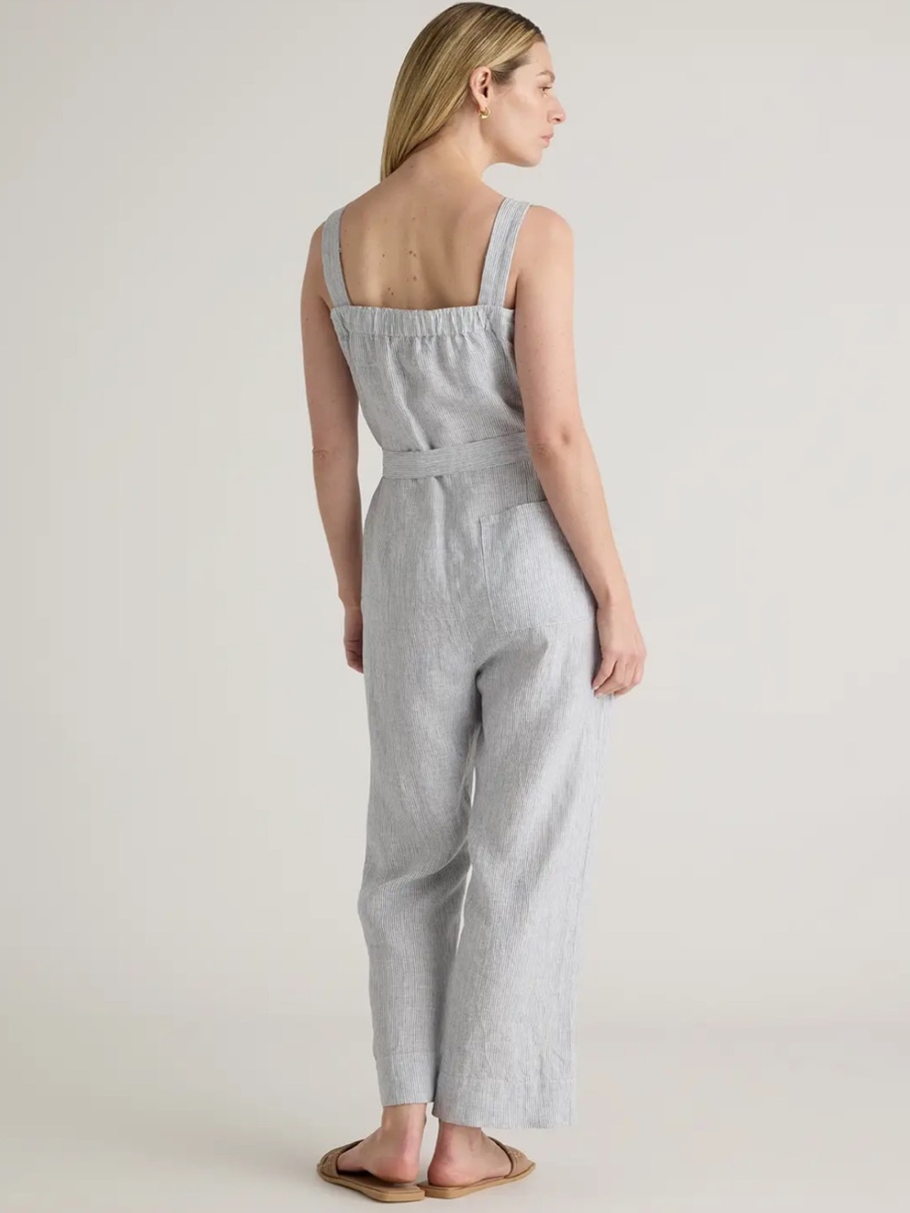 Quince 100% European Linen Square Neck Jumpsuit in blue pinstripe pattern Size M - Picture 2 of 13